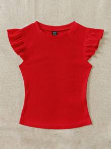 Soleia WYWH Women Vacation Peplum Top Ruffle Trim Red Top Tee - Red - View 3