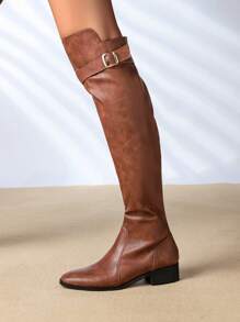时尚靴子拉链粗跟高筒靴内外全皮透气吸汗长筒骑士靴中跟女靴户外装秋冬靴 - 棕色 - 查看 3