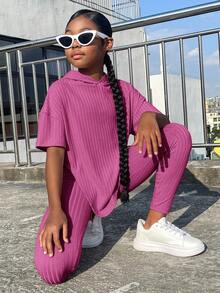 SHEIN Tween Girl Drop Shoulder Split Hem Hooded Tee & Leggings - Purple - View 6