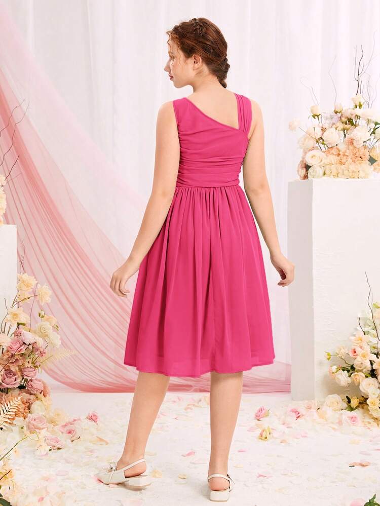SHEIN Teen Girl Ruched Asymmetrical Neck Dress - Hot Pink - View 2