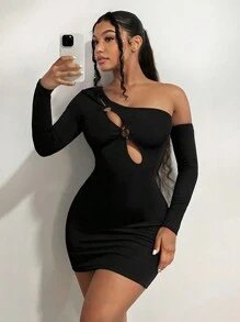 SHEIN SXY Cổ không đối xứng Cắt ra Váy bodycon - màu đen - Xem 3