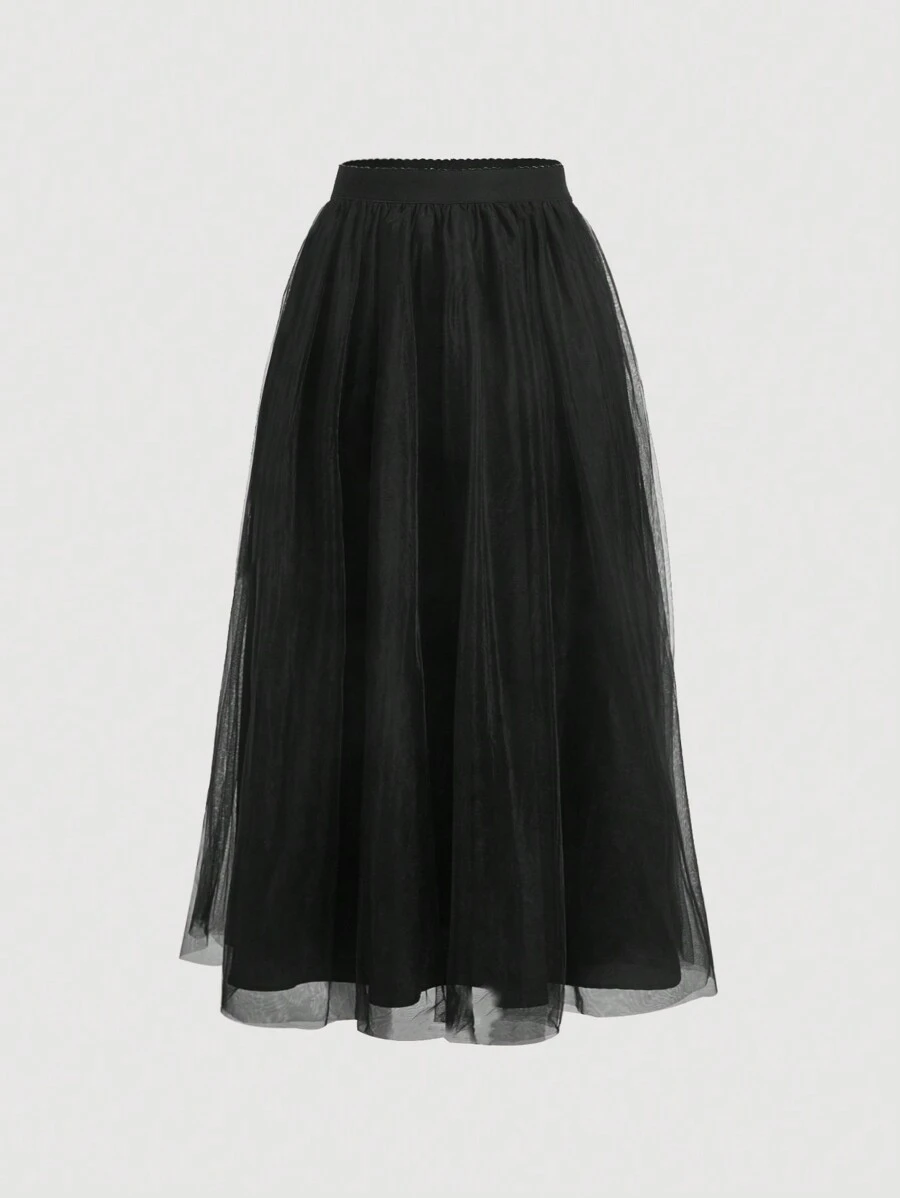 SHEIN MOD Solid Mesh Overlay Skirt - Black - View 1