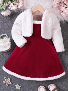 SHEIN Young Girl Open Front Teddy Jacket & Contrast Trim Cami Dress - Multicolor - View 5