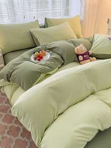 3pcs Green Washed Double-sided Duvet Cover And Pillowcase Set - Green - View 8