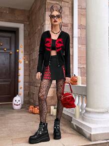 SHEIN Unity Halloween Pumpkin Pattern Zip Up Hooded Cardigan Fall Cloth For Women - Black - View 6