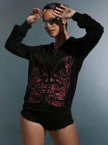 SHEIN Unity Graphic Print Zip Up Drawstring Hoodie Pullover Fall Outfit - Black - View 6