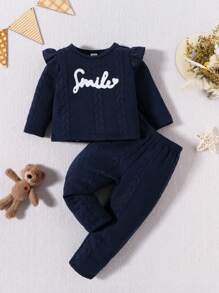 Baby Girl Letter Embroidery Ruffle Trim PJ Set - Navy Blue - View 1