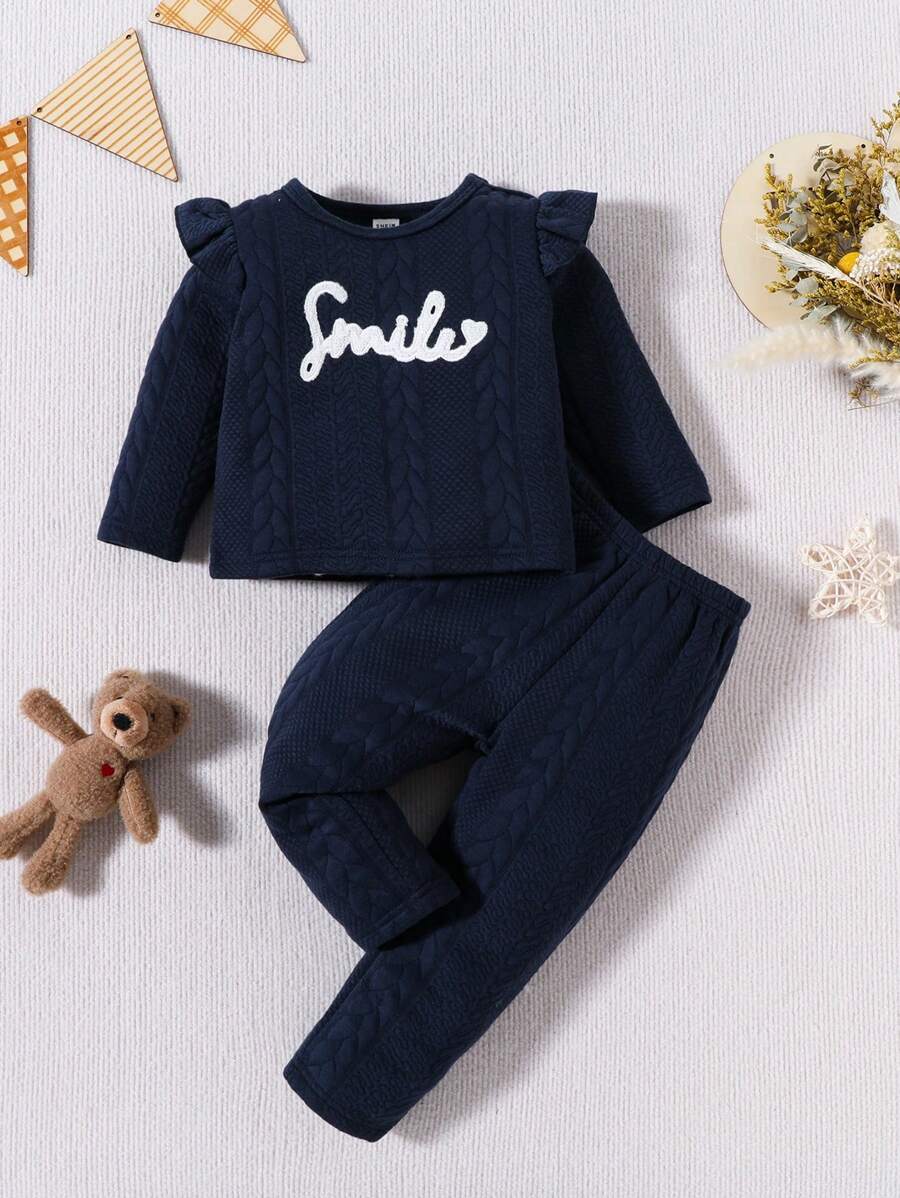 Baby Girl Letter Embroidery Ruffle Trim PJ Set - Navy Blue - View 1