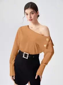 BizChic Asymmetrical Neck Button Detail Blouse - Brown - View 1