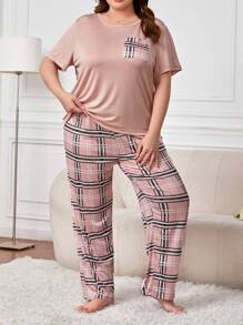 Plus Plaid Print Pocket Patched PJ Set / Pajama Set - Multicolor - View 4