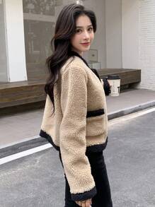 DAZY Contrast Trim Dual Pocket Teddy Jacket - Multicolor - View 3