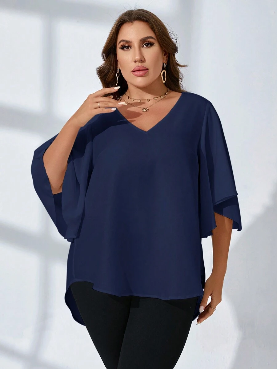 SHEIN Clasi Talla grande Blusa unicolor de cuello V de manga mariposa - Azul Marino - Ver 1