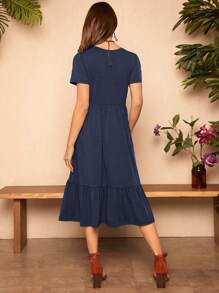 SHEIN LUNE Đầm ngắn tay màu trơn dáng casual dành cho nữ. - Màu xanh hải quân - Xem 2