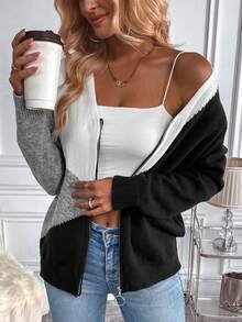 SHEIN LUNE Cárdigan de color combinado de hombros caídos con aro O cremallera - Multicolor - Ver 3