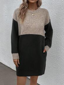 SHEIN LUNE 休閒口袋撞色女士毛衣連衣裙 - 黑色 - 查看 1