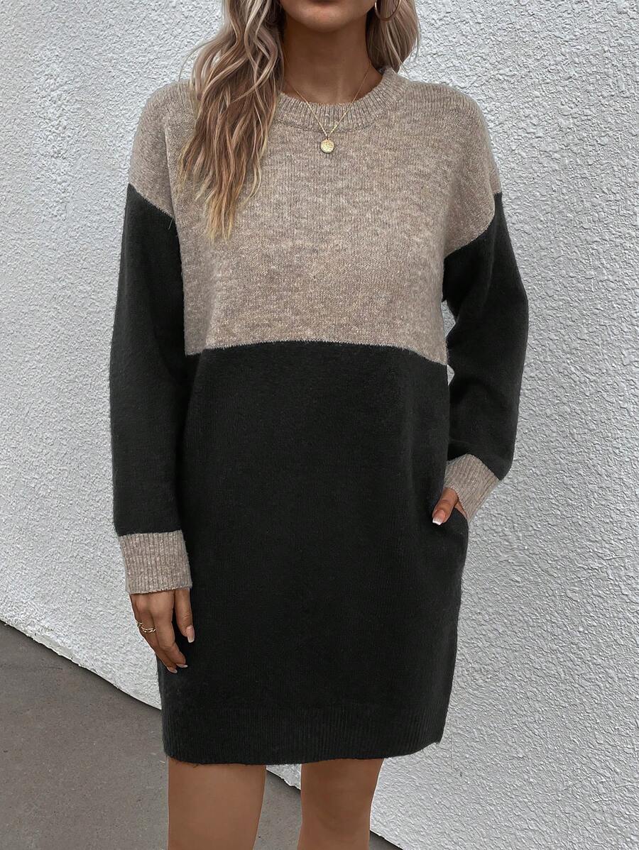 SHEIN LUNE 休閒口袋撞色女士毛衣連衣裙 - 黑色 - 查看 1