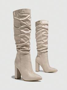 Fall/Winter 2025 Fashion Match Hoodies,Ladies' Pointed Toe Wrinkled Chunky High Heel Slip-On Fashion Boots - Apricot - View 3