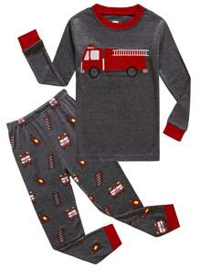 2 件套年轻男孩卡通消防车印花 T 恤和裤子睡衣套装，秋季，圣诞节 - 深灰色 - 查看 2