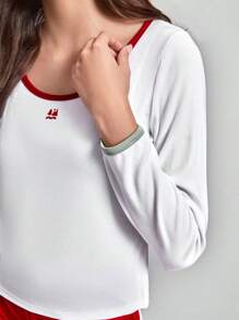 SHEIN Sports Tương phản ràng buộc Ngoài trời Áo thun - trắng - Xem 6