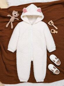 SHEIN Đứa bé gái Thiết kế tai 3D áo có mũ Dây kéo Teddy Áo liền quần - trắng - Xem 1