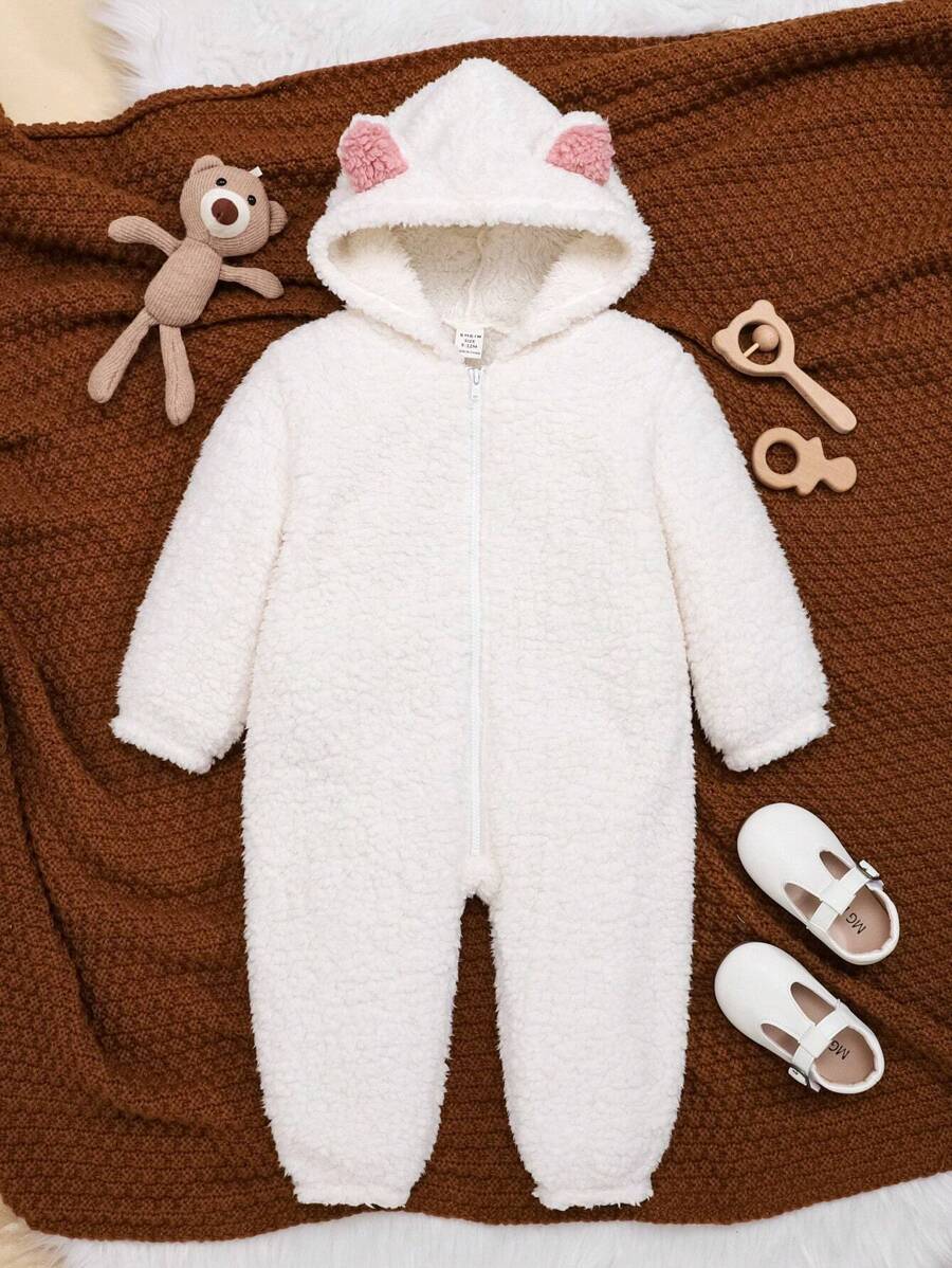 SHEIN Đứa bé gái Thiết kế tai 3D áo có mũ Dây kéo Teddy Áo liền quần - trắng - Xem 1