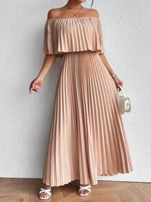 Chiquease Off Shoulder Pleated Dress - Apricot - View 1