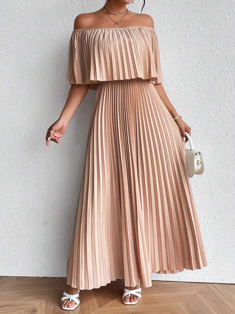 Chiquease Off Shoulder Pleated Dress - Apricot - View 1