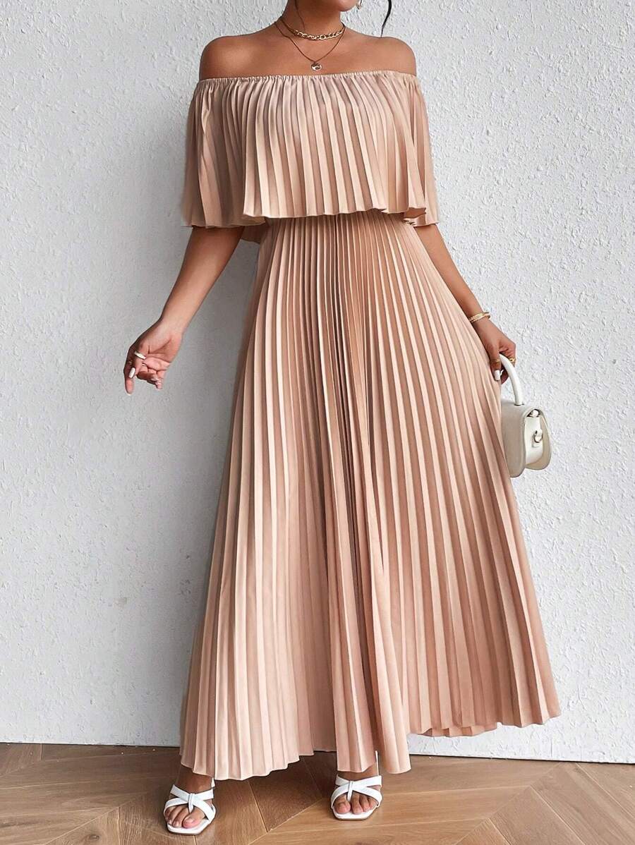 Chiquease Off Shoulder Pleated Dress - Apricot - View 1