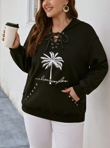 SHEIN LUNE Plus Coconut Tree Print Lace Up Front Drop Shoulder Hoodie - Black - View 1