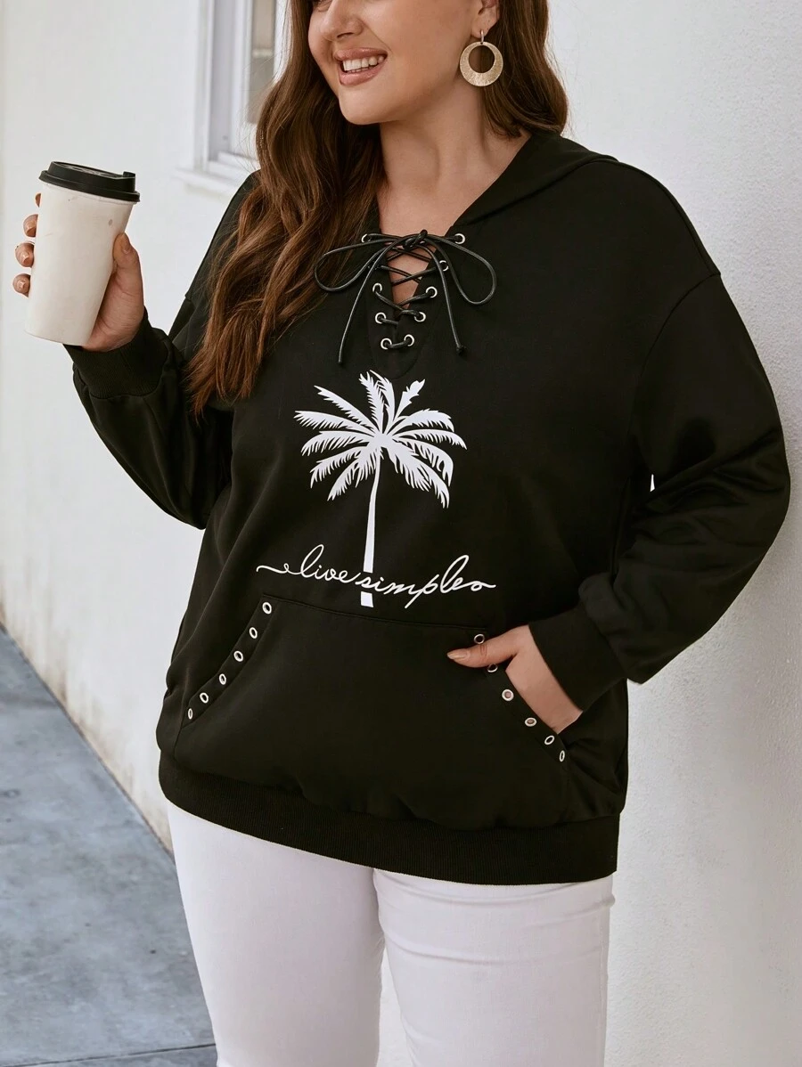 SHEIN LUNE Plus Coconut Tree Print Lace Up Front Drop Shoulder Hoodie - Black - View 1