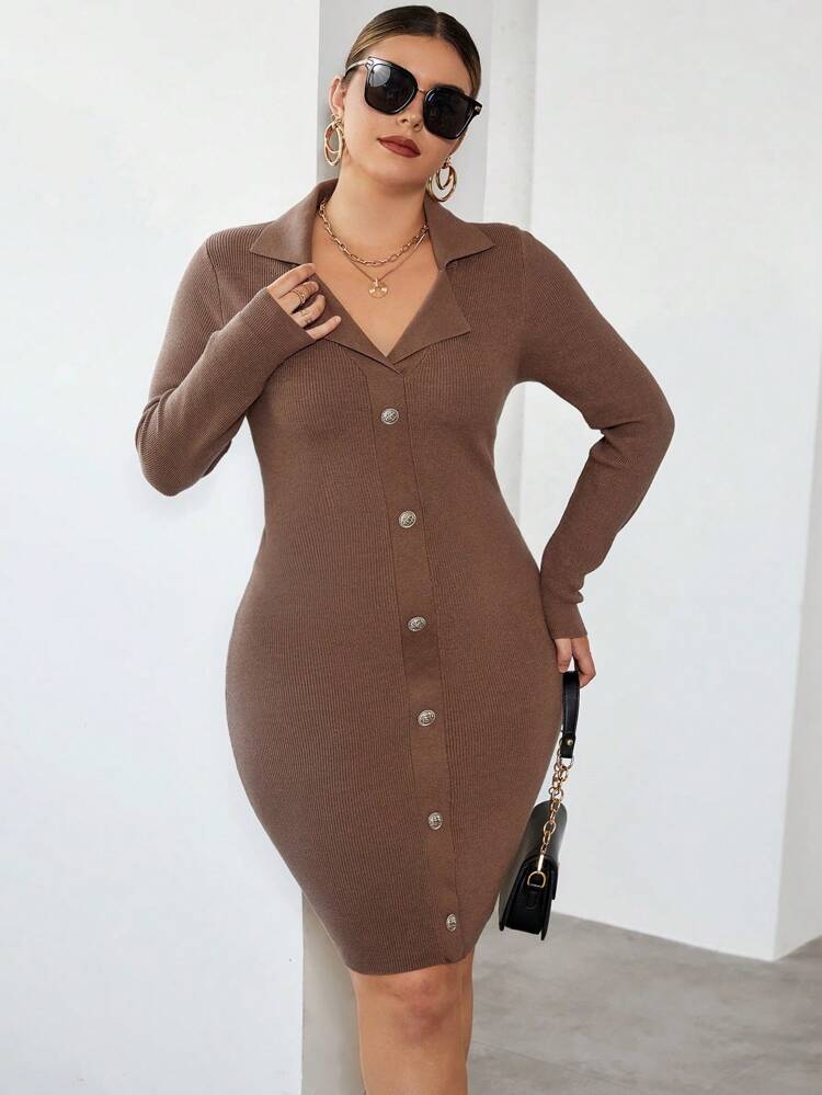 Plus Button Front Bodycon Sweater Dress