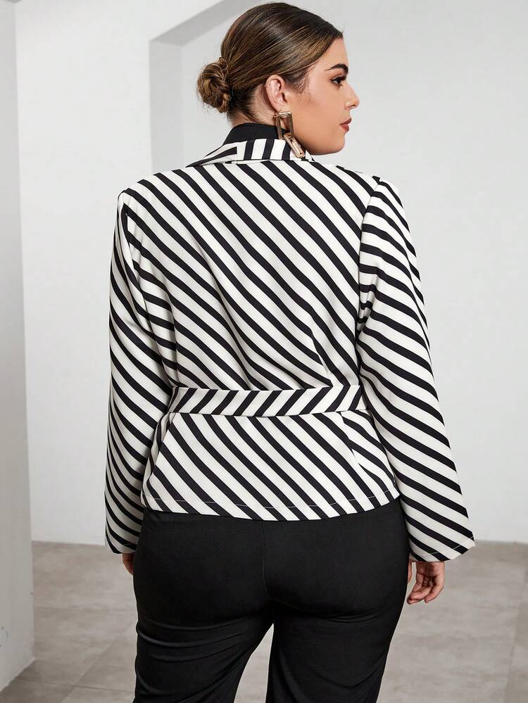 Plus Striped Print Belted Blazer