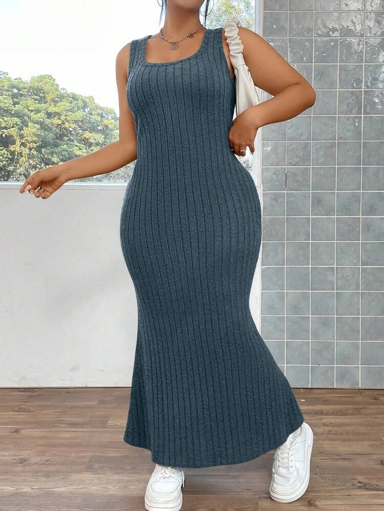 Flirla 大碼條紋針織魚尾裙下擺背心洋裝 - 藍色 - 查看 7