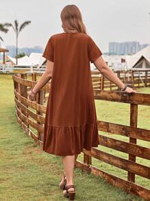 EMERY ROSE Plus Solid Ruffle Hem Smock Dress - Brown - View 2