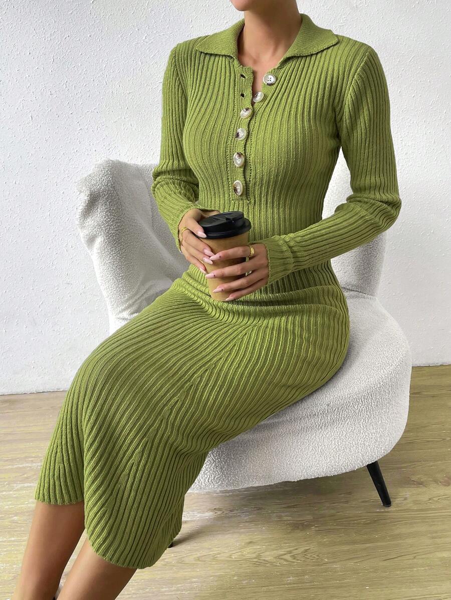 Chiquease Ladies áo len váy Gân đan Nút phía trước màu trơn Thanh lịch - màu xanh lá - Xem 1