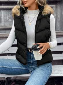SHEIN Frenchy Fuzzy Trim Hooded Vest Coat Winter Black - Black - View 4