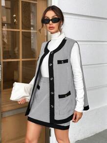 SHEIN Privé 雙色格子拼接邊前紐扣外套馬甲&半身裙不帶T恤 - 黑與白 - 查看 6