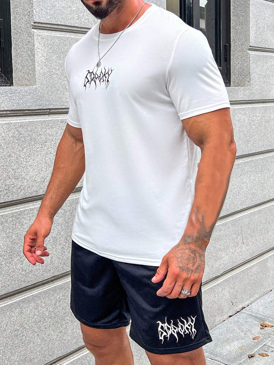 Manfinity Homme Nam Đồ họa Chữ cái Áo thun & quần đùi - Đen và trắng - Xem 1