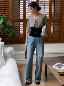 DAZY 前繫帶短款開衫 - 摩卡棕 - 查看 6