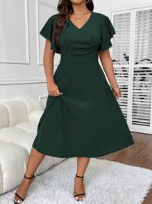 Celure Plus Solid Butterfly Sleeve A-line Dress - Dark Green - View 3