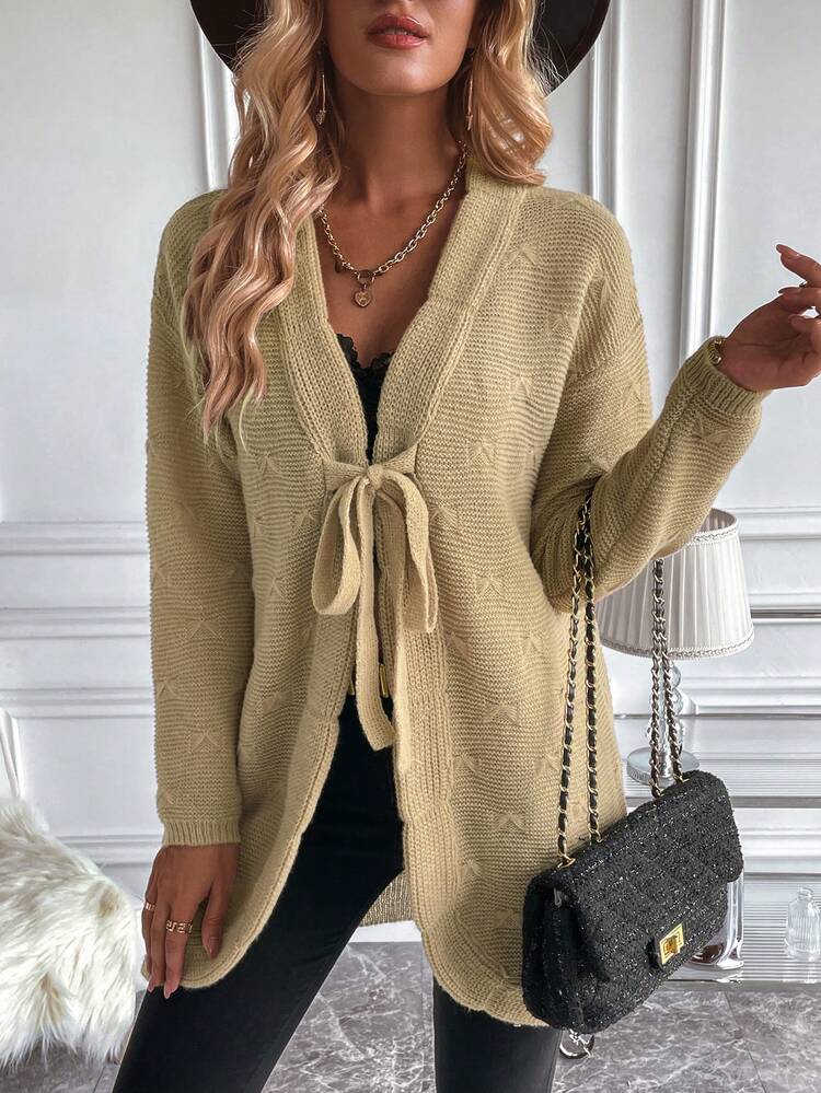 Tie Front Drop Shoulder Cardigan Fall Cloth For Women