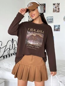 SHEIN EZwear Plus Mountain & Slogan Graphic Drop Shoulder Tee - Apricot - View 5