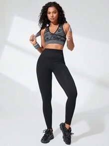 Seamless Wide Waistband Sports Leggings - Black - View 6