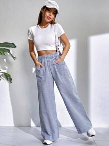 SHEIN EZwear Striped Print Wide Leg Pants - Blue and White - View 5