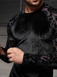 Manfinity VCAY 男士撞色花卉网眼插肩长袖天鹅绒 T 恤，时尚，男友礼物 - 黑色 - 查看 5