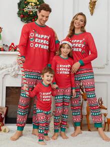 少女聖誕印花對比邊條圓領t恤＆長褲緊身睡衣套裝1件 - 紅色 - 查看 7