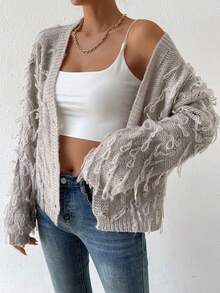 SHEIN LUNE Fringe Trim Drop Shoulder Duster Cardigan - Khaki - View 3