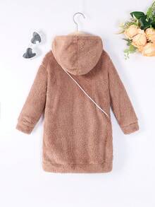 SHEIN Young Girl Letter Embroidery Teddy Hooded Sweatshirt Dress With Bag - Apricot - View 2