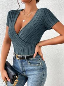 SHEIN Essnce Surplice Neck Ribbed Knit Tee - Dusty Blue - View 3