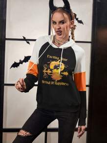 PUNK Halloween Print Raglan Sleeve Drawstring Hoodie - Black - View 1